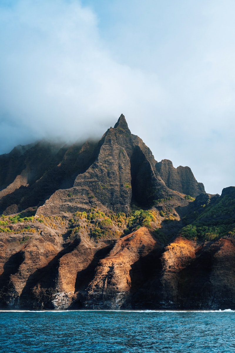 The dramatic Na Pali Coast cliffs rising from the ocean on Kauai