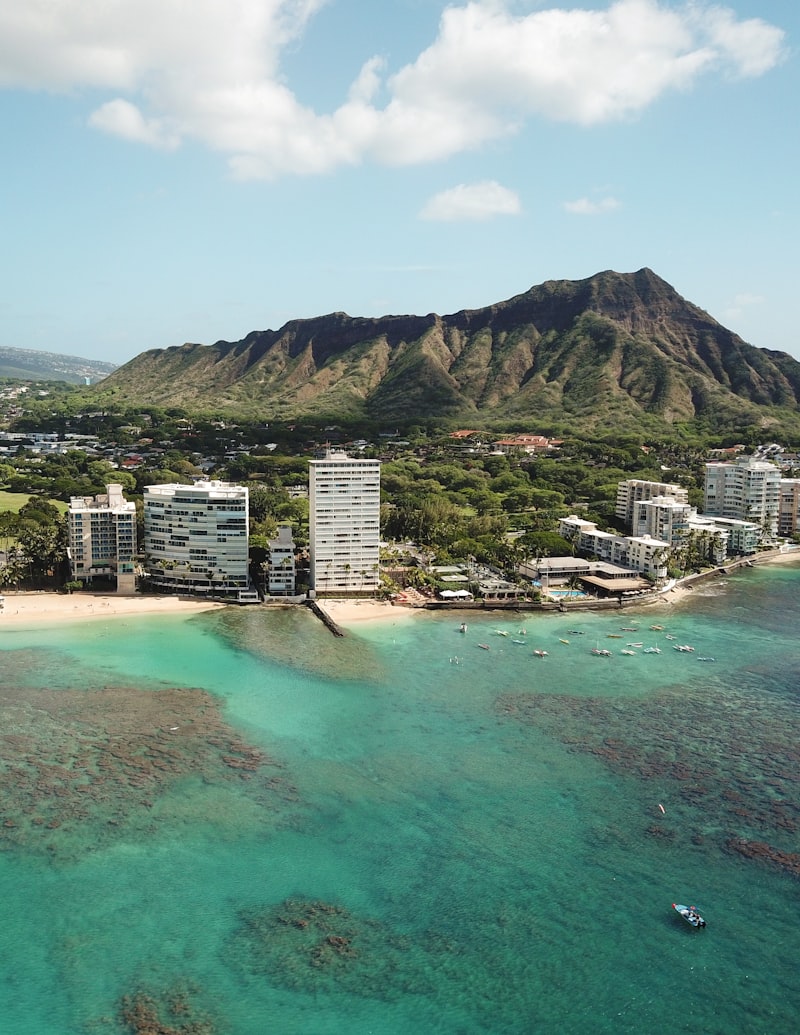 Aerial view of Diamond Head crater and Honolulu skyline on Oahu